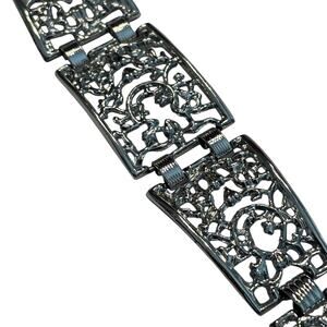 Vintage silver tone filigree chain bracelet hallmarked SAC tapered panel links